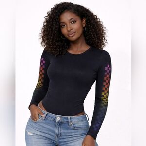 Nwt Rue21 Bodysuit w/ Rainbow Racing Gradient Checkered Sleeves Strip Black